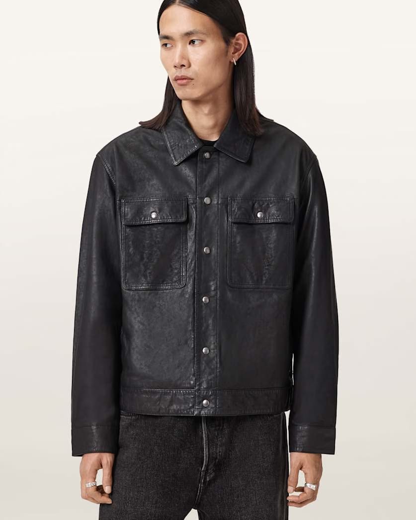 AllSaints Shelton Leather Trucker Jacket Black