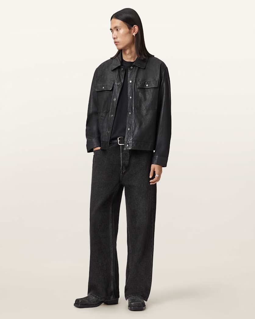 AllSaints Shelton Leather Trucker Jacket Black