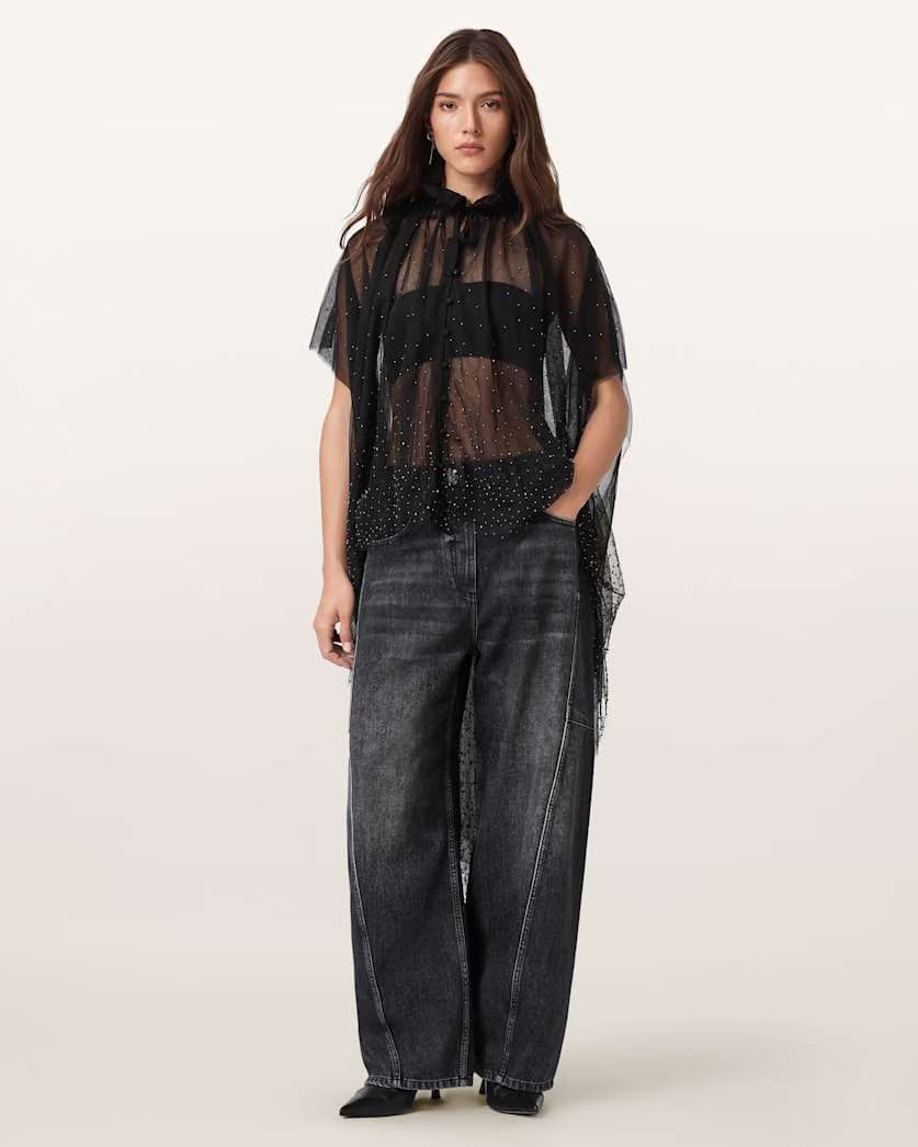 AllSaints Sez Embellished Tulle Cape Women's Black Women's