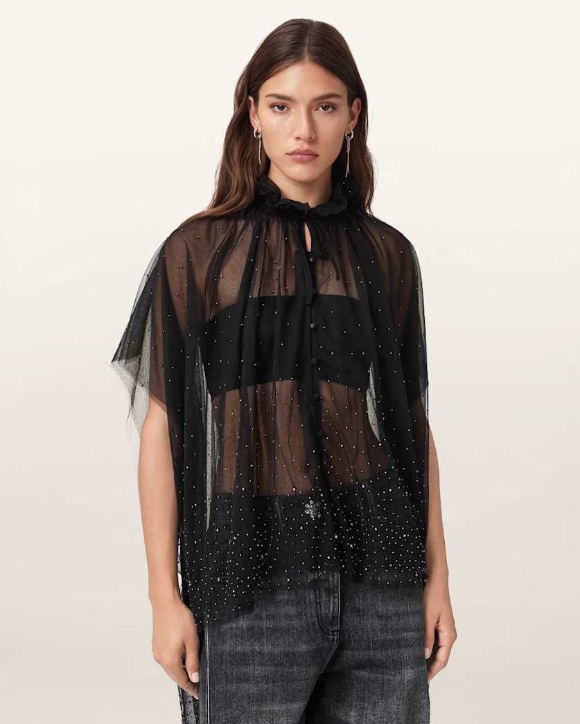 AllSaints Sez Embellished Tulle Cape Women's Black Women's