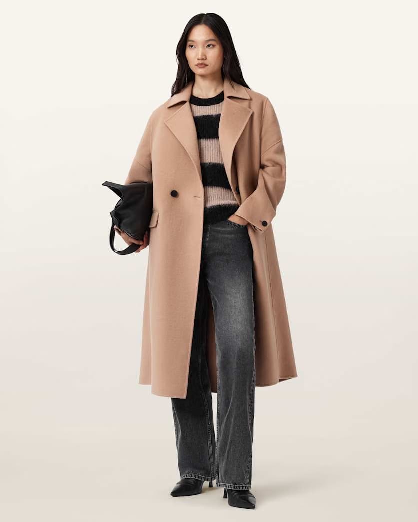 AllSaints Sellma Double Breasted Coat Women's Camel Brown Women's