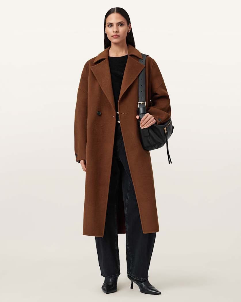 AllSaints Sellma Double Breasted Coat Women's Camel Brown Women's