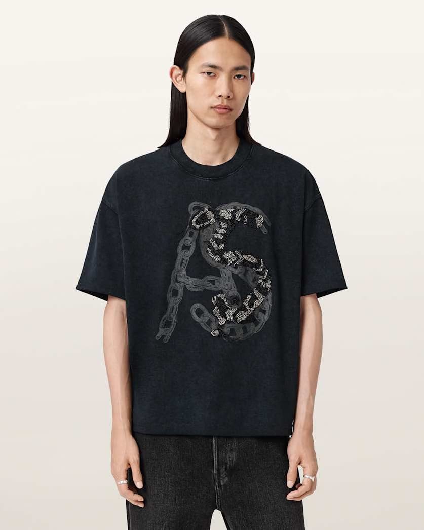 AllSaints Scale Cropped Graphic T Shirt Washed Black