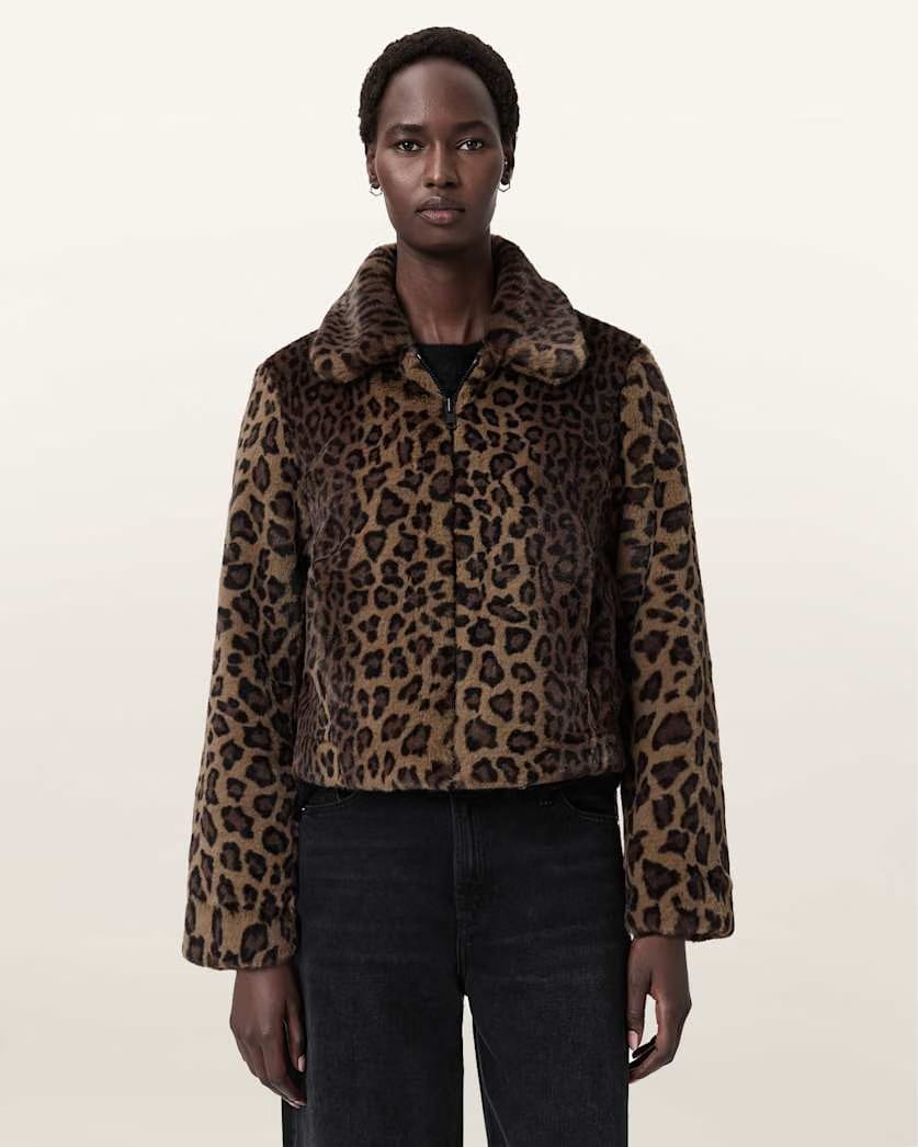 AllSaints Saye Faux Fur Jacket Women's Leopard Brown Women's