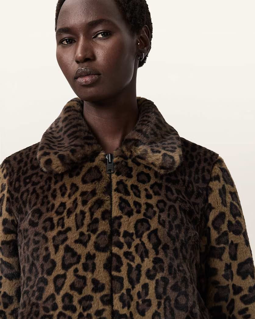 AllSaints Saye Faux Fur Jacket Women's Leopard Brown Women's