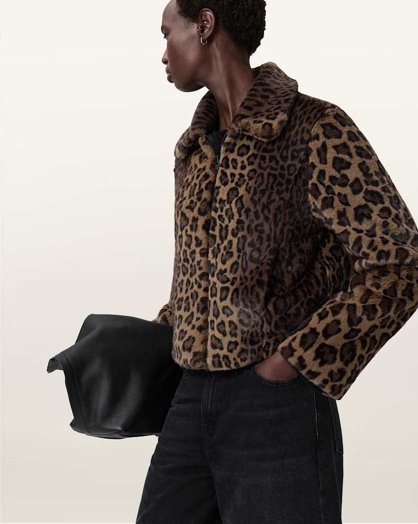 AllSaints Saye Faux Fur Jacket Women's Leopard Brown Women's