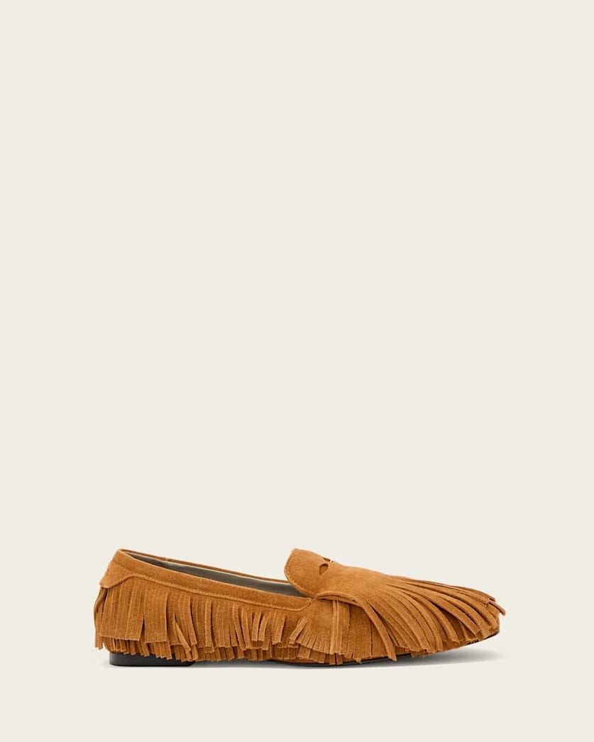 AllSaints Sandy Suede Fringe Loafers Women's Tan Brown Women's