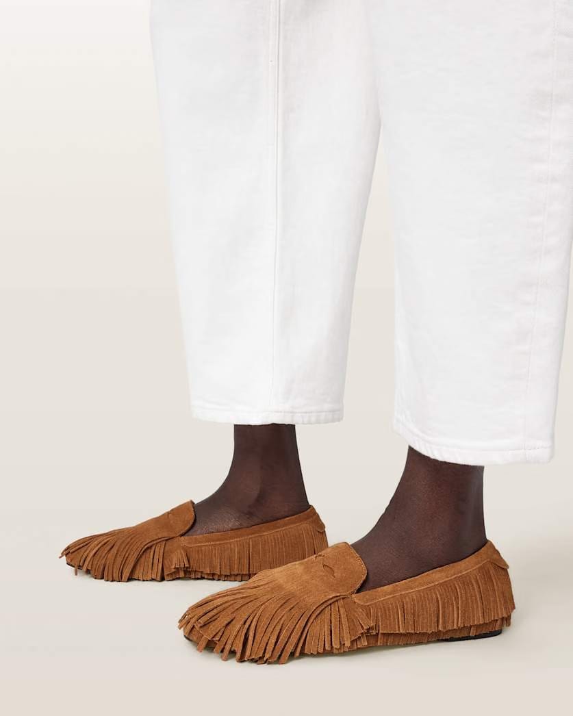 AllSaints Sandy Suede Fringe Loafers Women's Tan Brown Women's