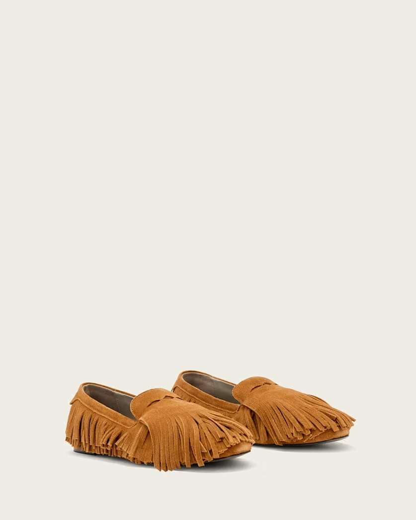 AllSaints Sandy Suede Fringe Loafers Women's Tan Brown Women's