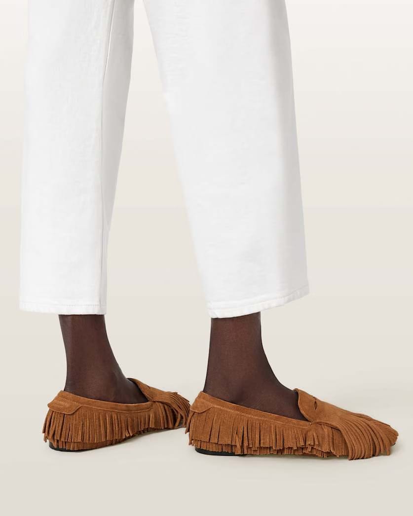 AllSaints Sandy Suede Fringe Loafers Women's Tan Brown Women's