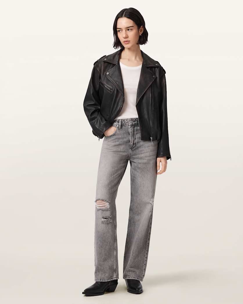 AllSaints Samina Relaxed Fit Leather Biker Jacket Women's Black/Brown Women's