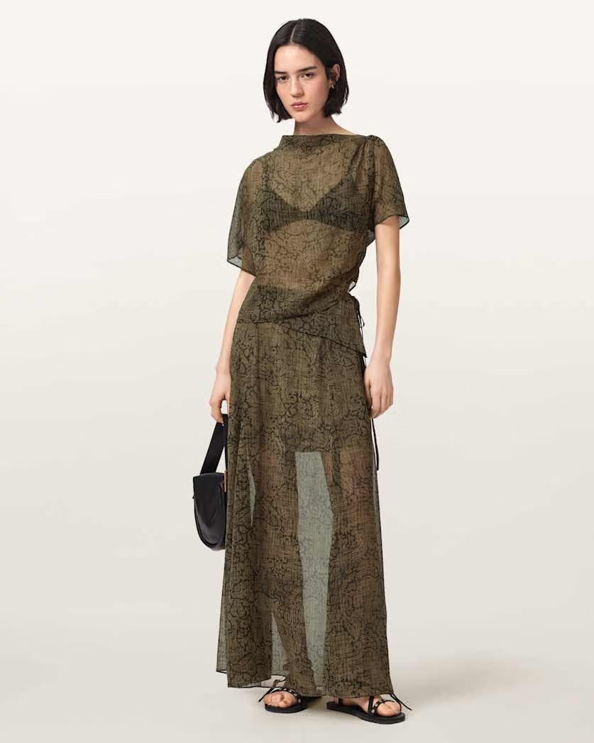 AllSaints Sali Mesh Maxi Skirt Women's Sirius Gold Black Women's