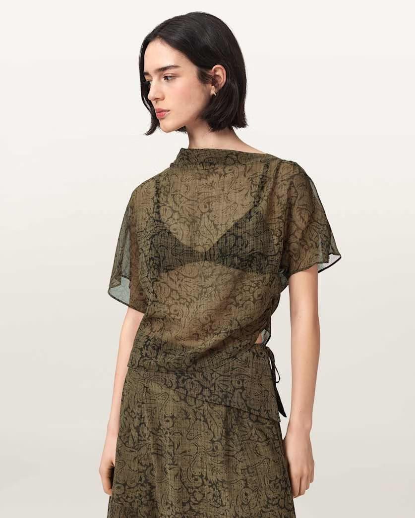 AllSaints Sali Cropped Mesh Top Women's Sirius Gold Black Women's