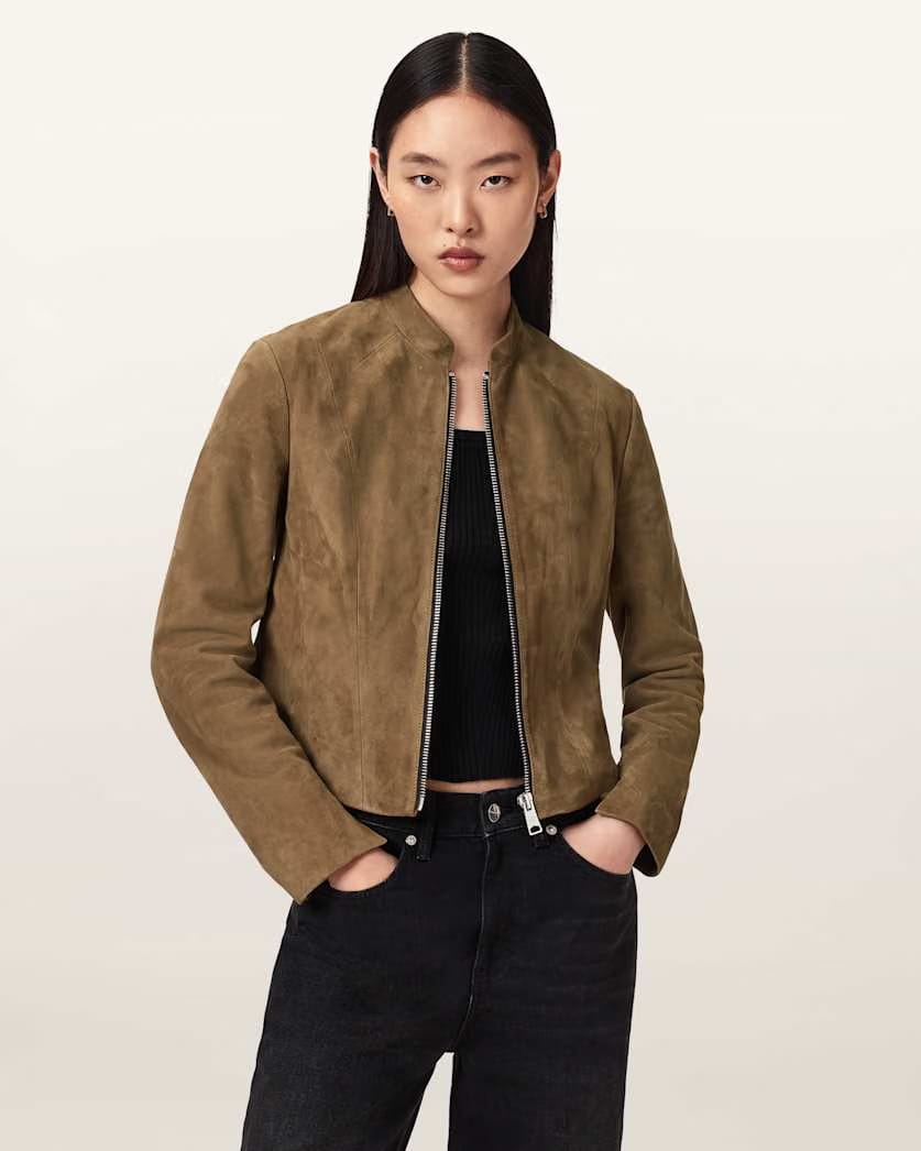 AllSaints Sadler Slim Fit Suede Jacket Women's Walnut Brown Women's