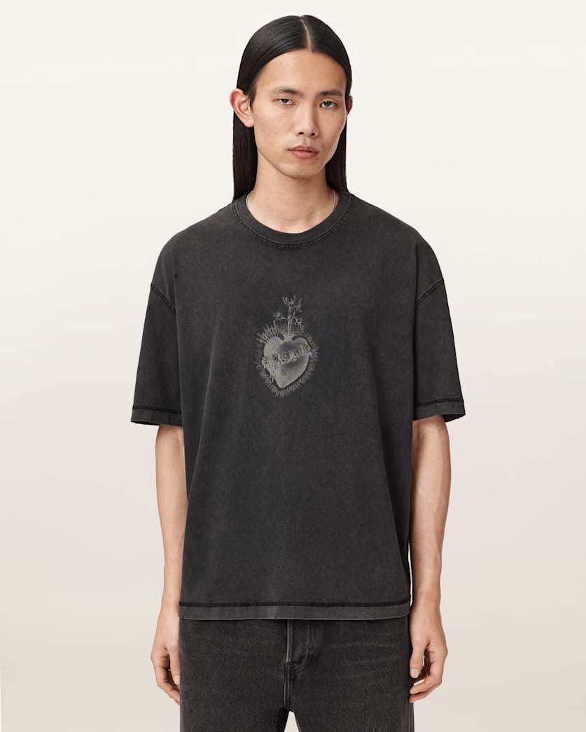 AllSaints Sabbath Boxy Embellished Graphic T Shirt Washed Black