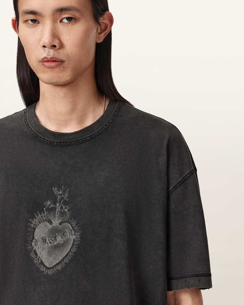 AllSaints Sabbath Boxy Embellished Graphic T Shirt Washed Black