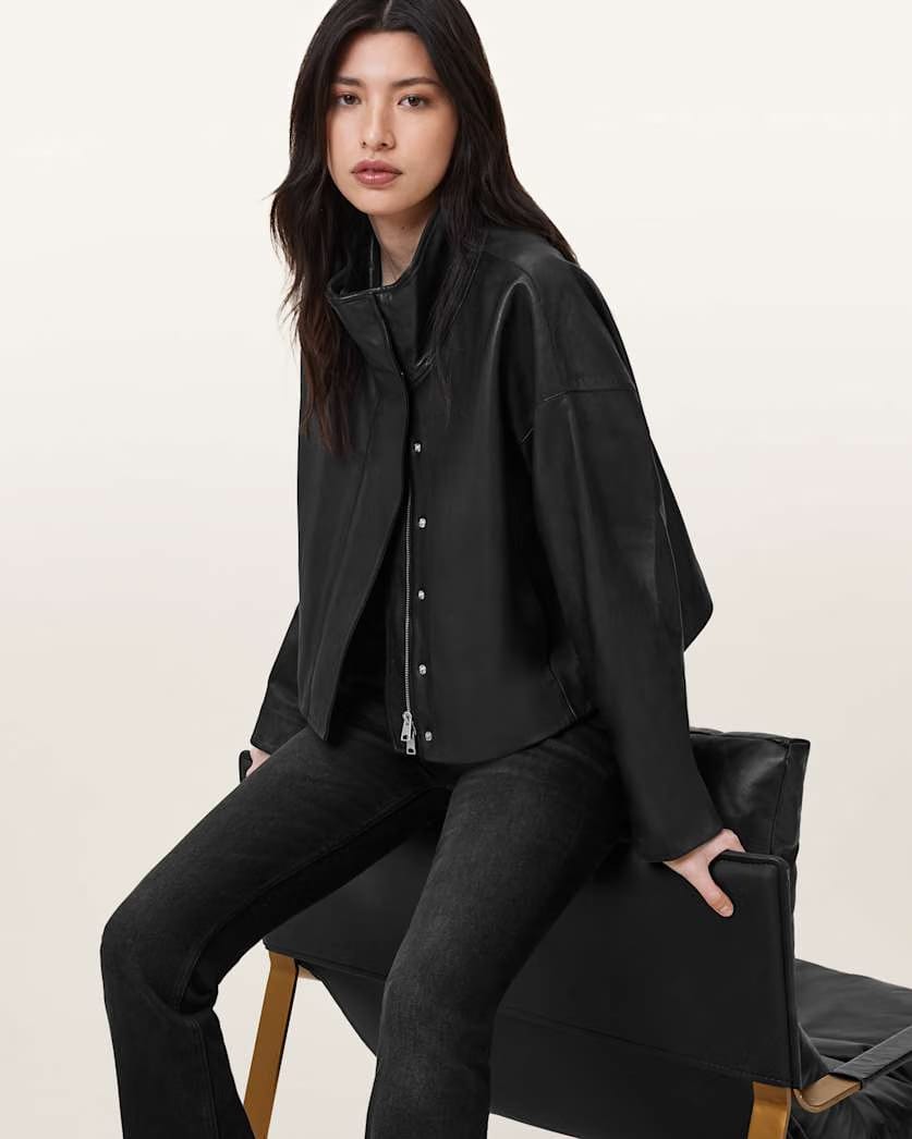 AllSaints Ryder Funnel Neck Leather Jacket Women's Black Women's