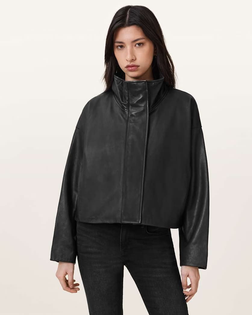 AllSaints Ryder Funnel Neck Leather Jacket Women's Black Women's