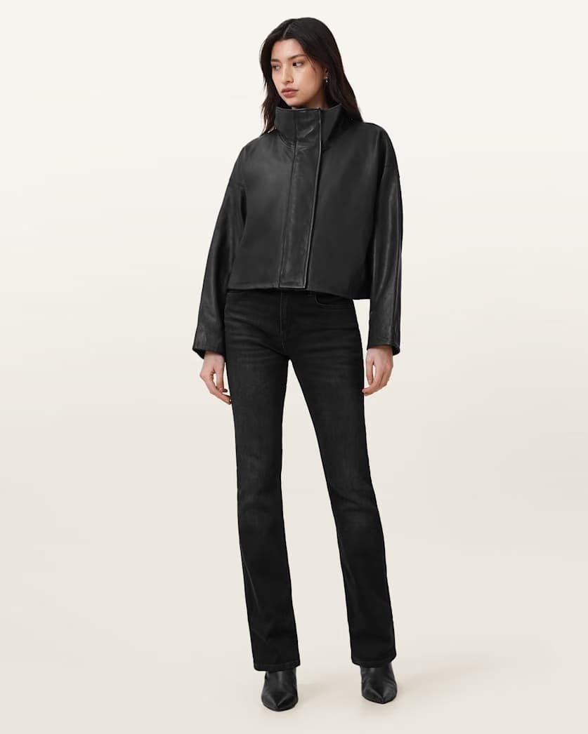 AllSaints Ryder Funnel Neck Leather Jacket Women's Black Women's