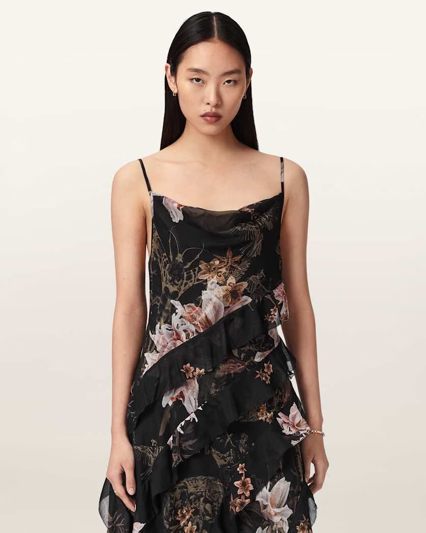 AllSaints Ruth Floral Slip Maxi Dress Women's Crystal/Black Women's