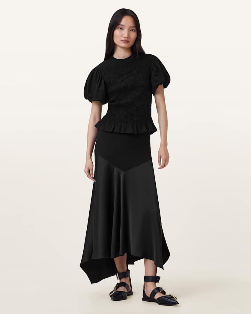 AllSaints Pia Satin Asymmetric Maxi Skirt Women's Black Women's