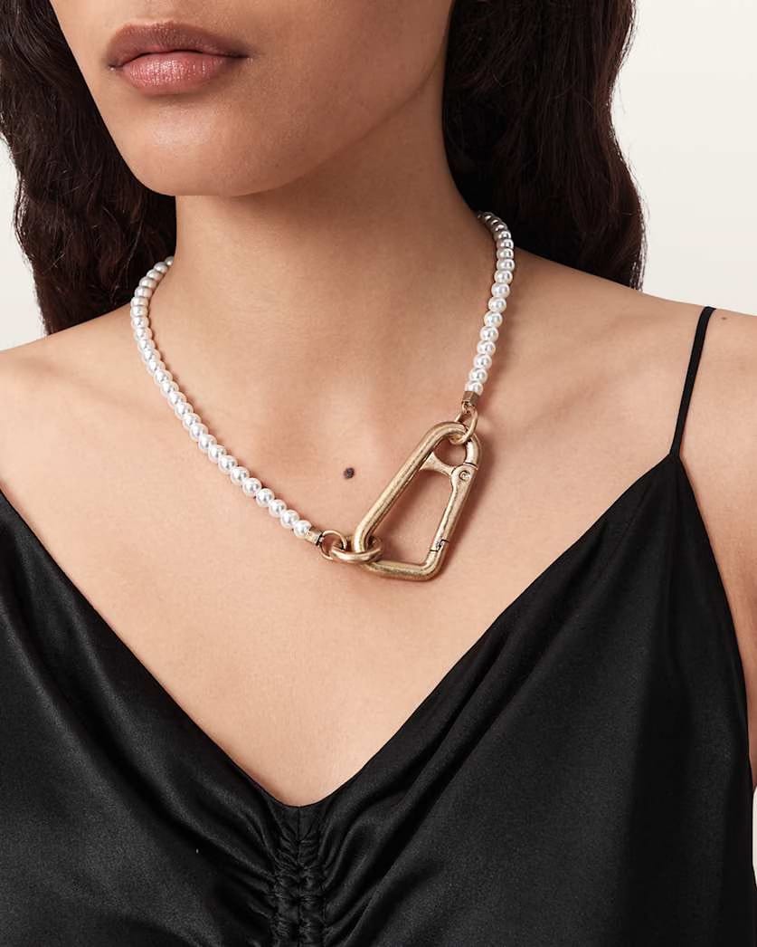 AllSaints Pearl Carabiner Clasp Necklace Women's Warm Brass/White Women's
