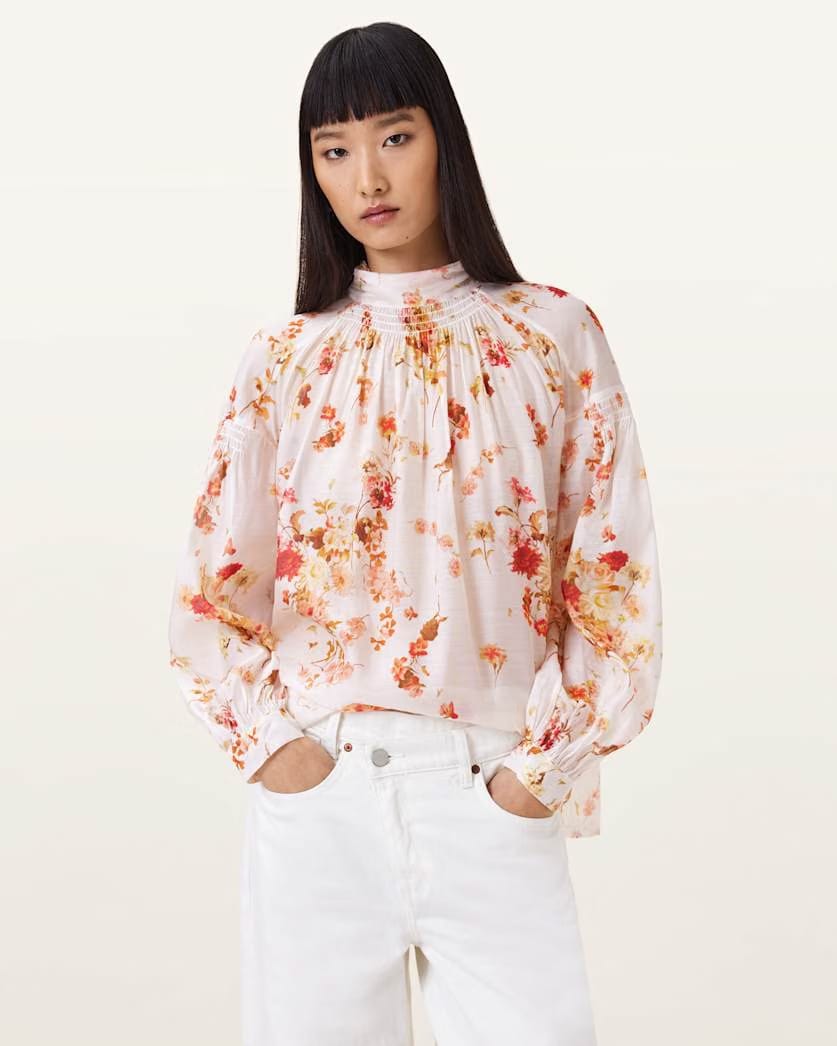 AllSaints Pearla High Neck Floral Print Top Women's Armada White Women's