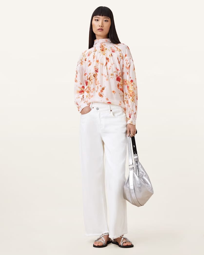AllSaints Pearla High Neck Floral Print Top Women's Armada White Women's