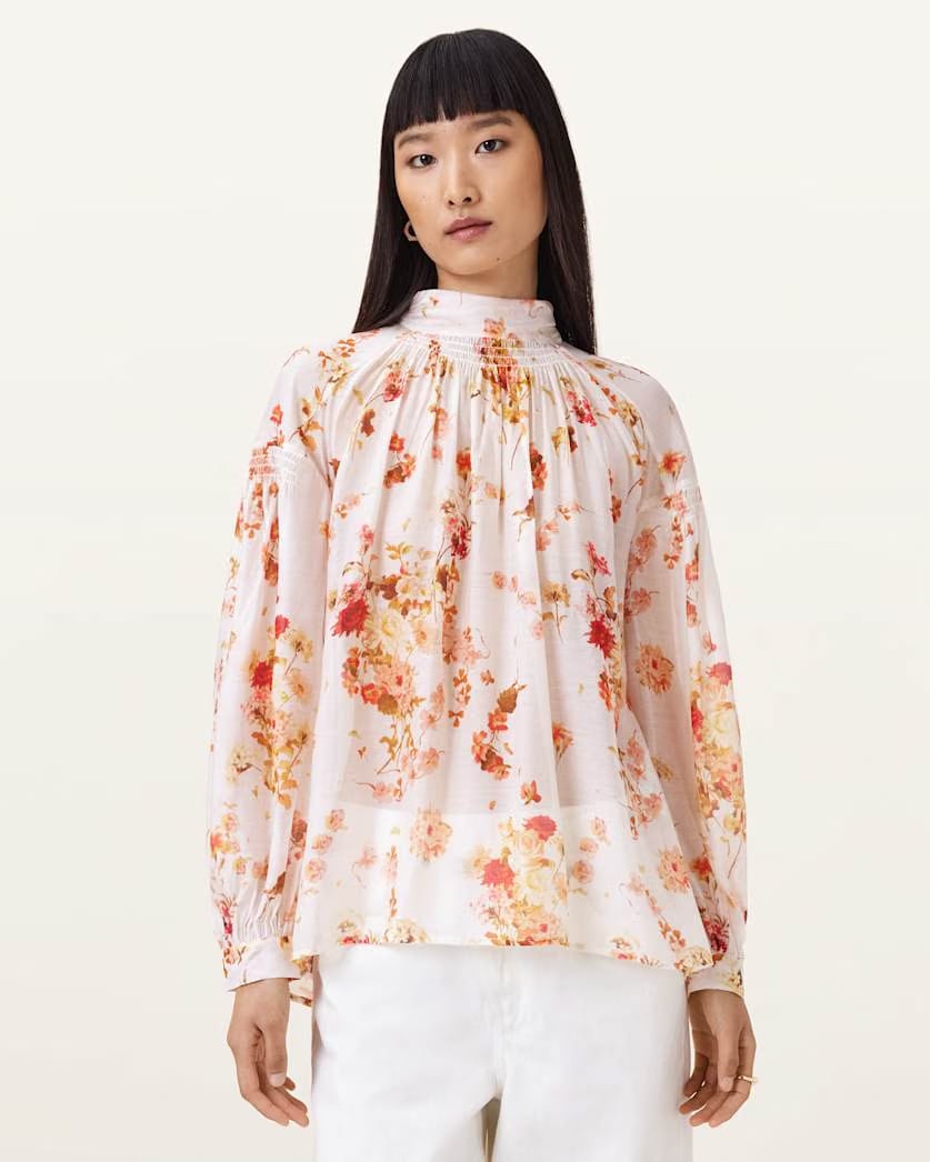 AllSaints Pearla High Neck Floral Print Top Women's Armada White Women's