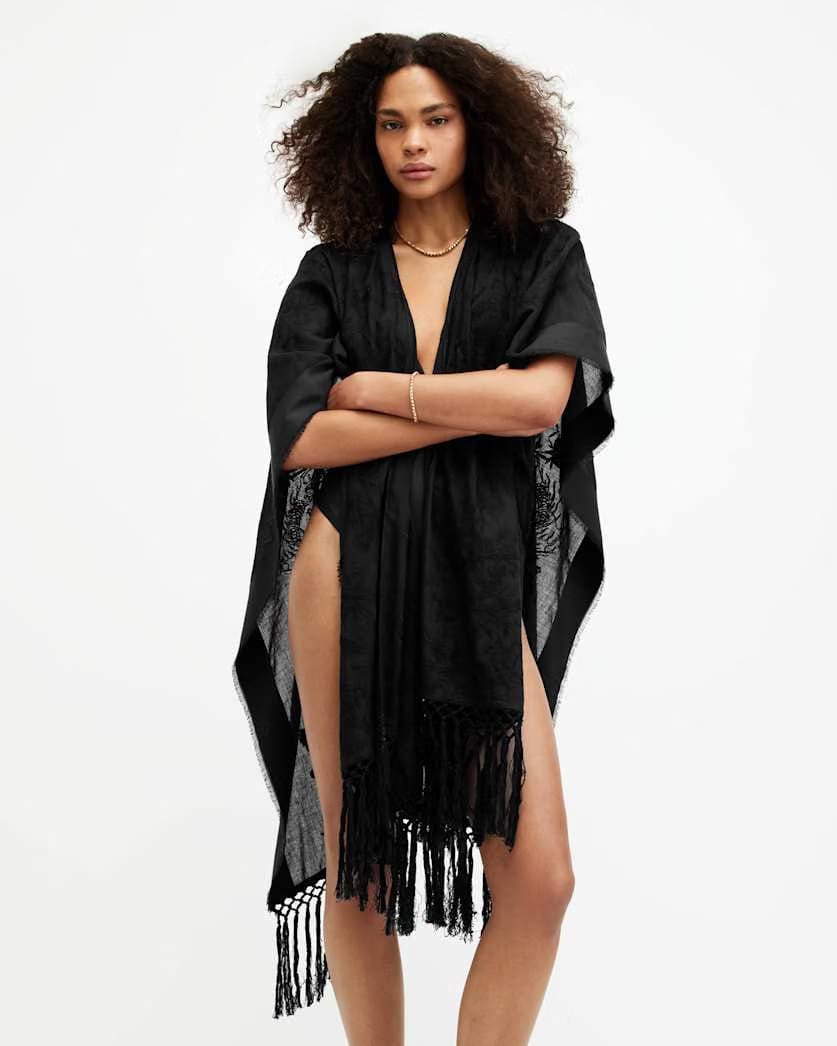 AllSaints Otto Embroidered Ruana Scarf Women's Black Women's