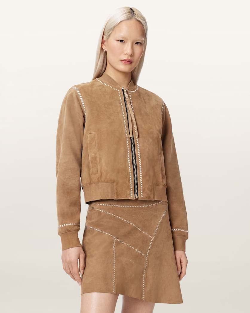 AllSaints Orten Whipstitch Suede Bomber Jacket Women's Sand Brown Women's