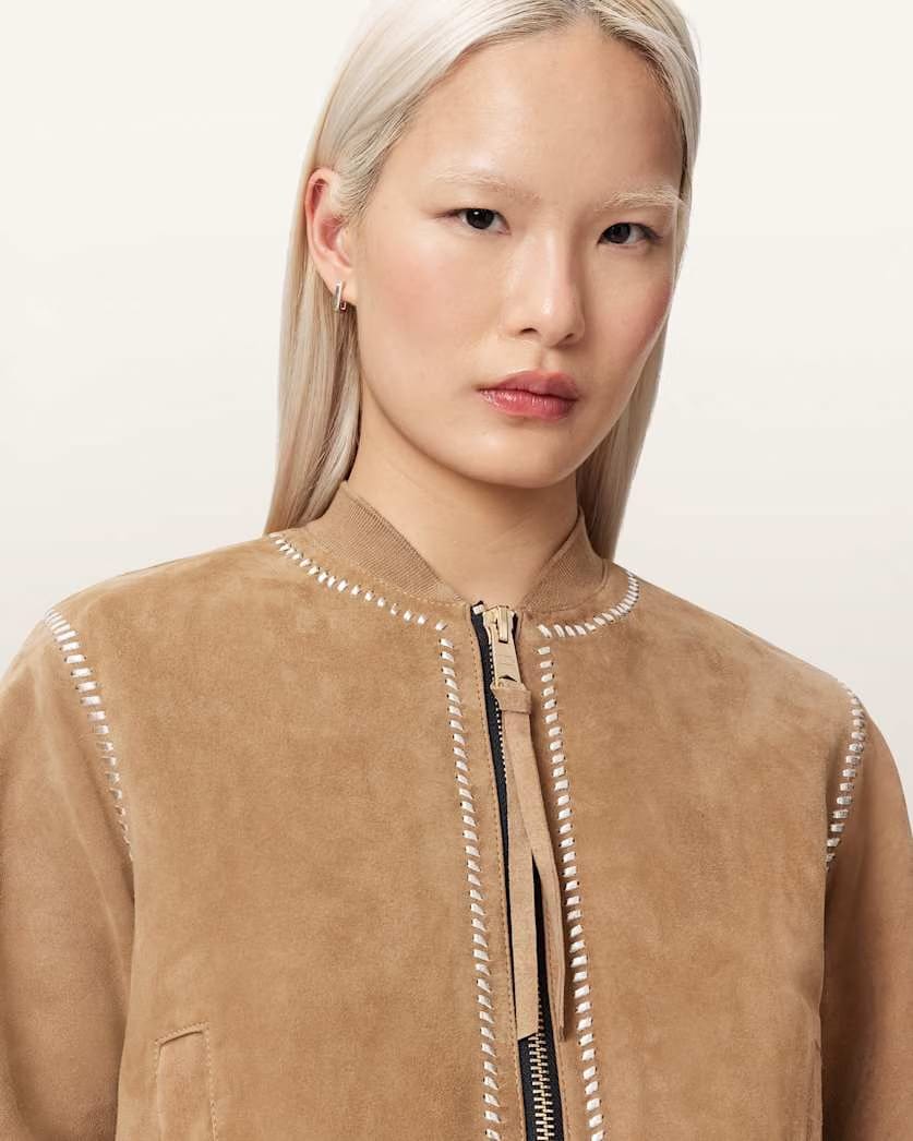 AllSaints Orten Whipstitch Suede Bomber Jacket Women's Sand Brown Women's