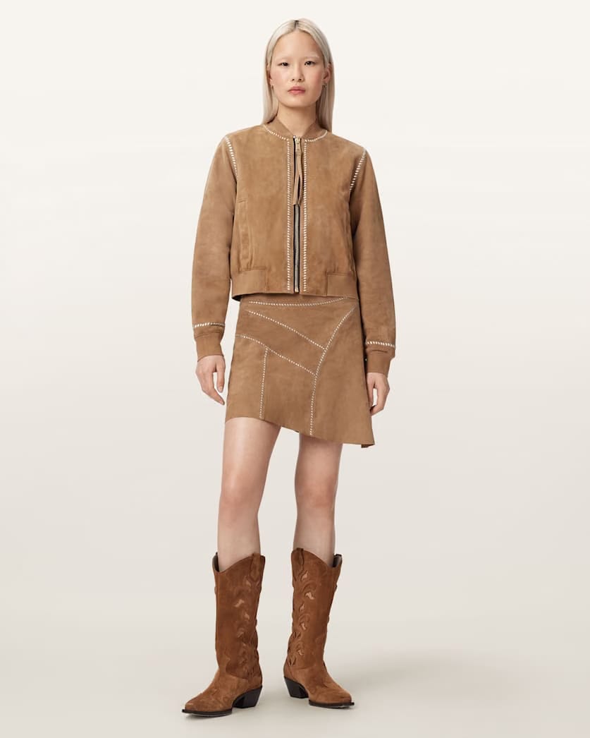AllSaints Orten Whipstitch Suede Bomber Jacket Women's Sand Brown Women's