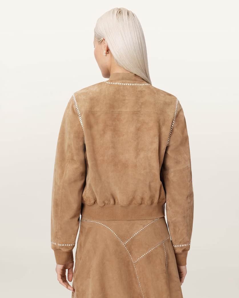 AllSaints Orten Whipstitch Suede Bomber Jacket Women's Sand Brown Women's