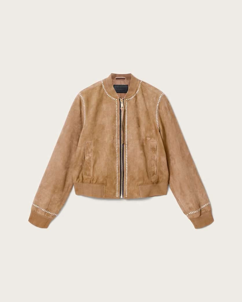 AllSaints Orten Whipstitch Suede Bomber Jacket Women's Sand Brown Women's