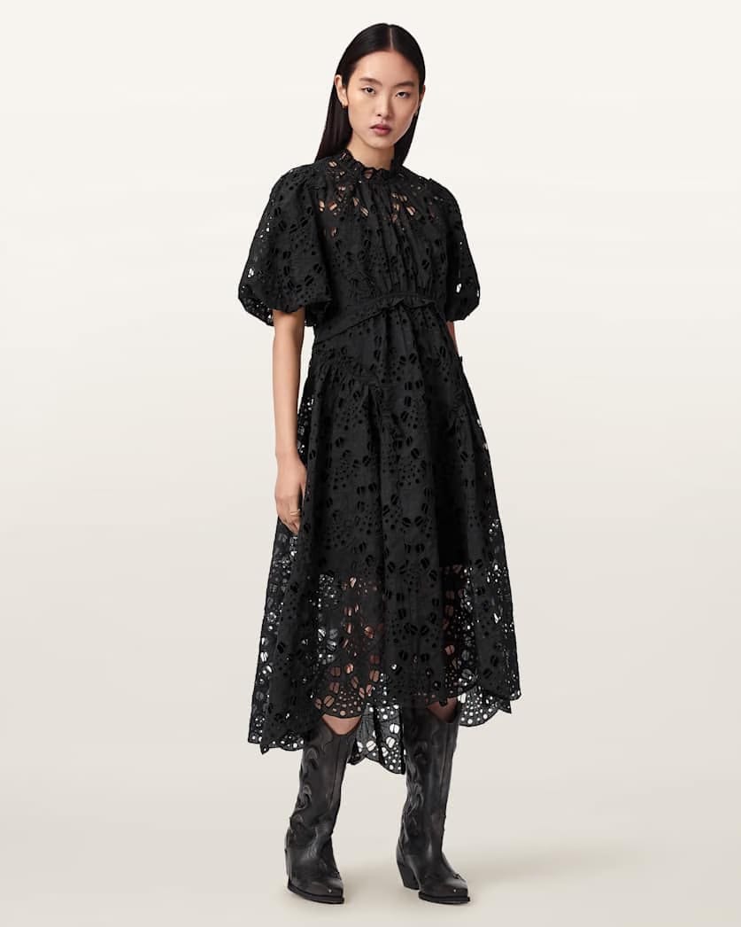 AllSaints Odette Broiderie Anglais Maxi Dress Women's Black Women's