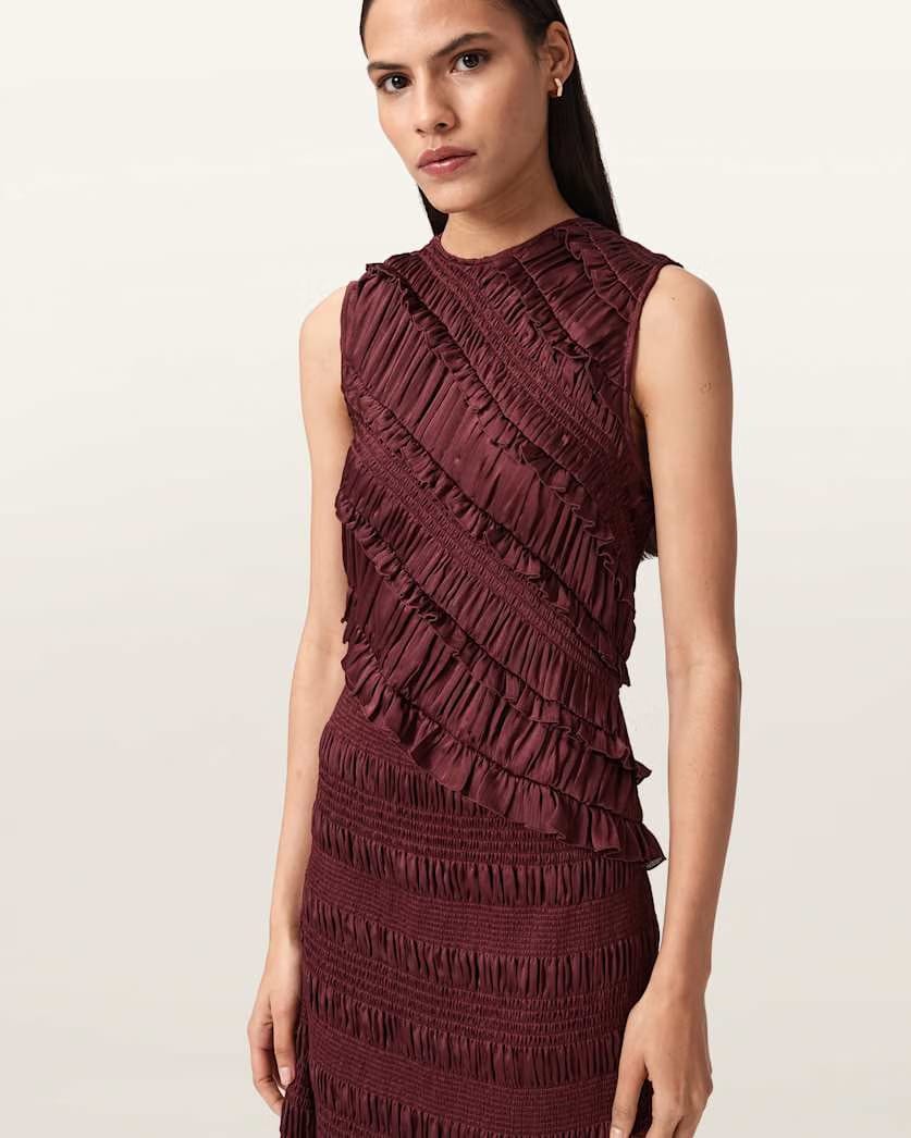 AllSaints Nyla Ruffled Midi Dress Women's Tawny Port Red Women's