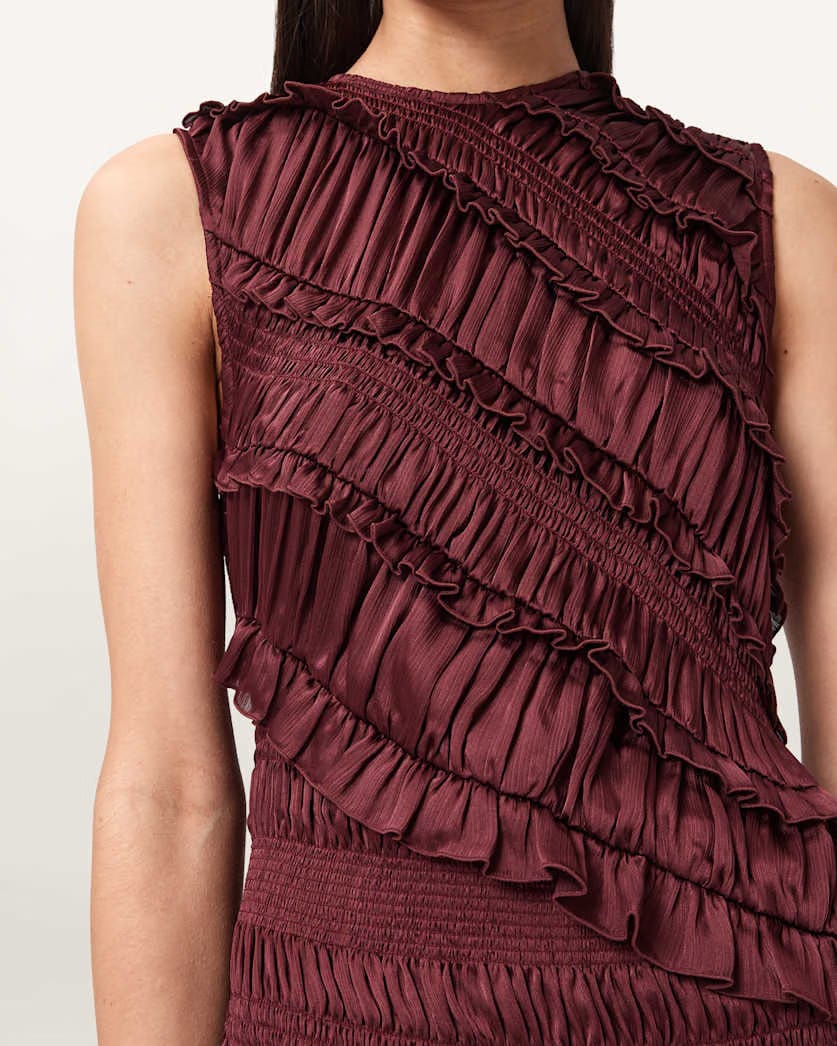 AllSaints Nyla Ruffled Midi Dress Women's Tawny Port Red Women's