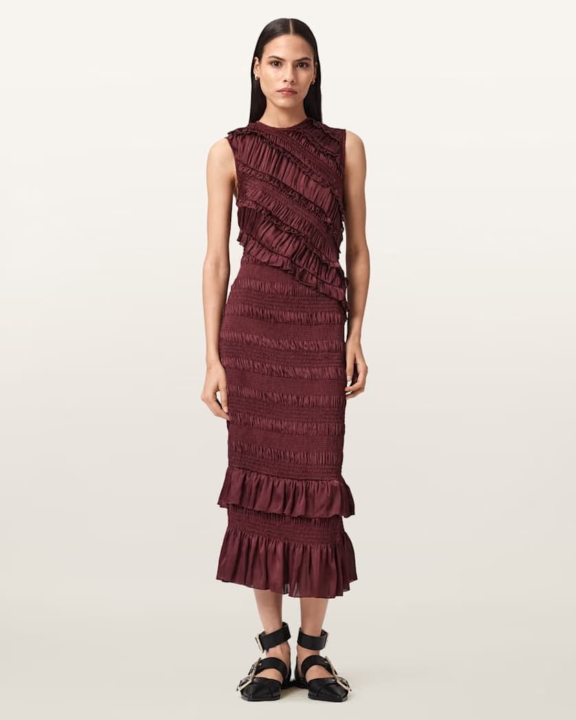 AllSaints Nyla Ruffled Midi Dress Women's Tawny Port Red Women's