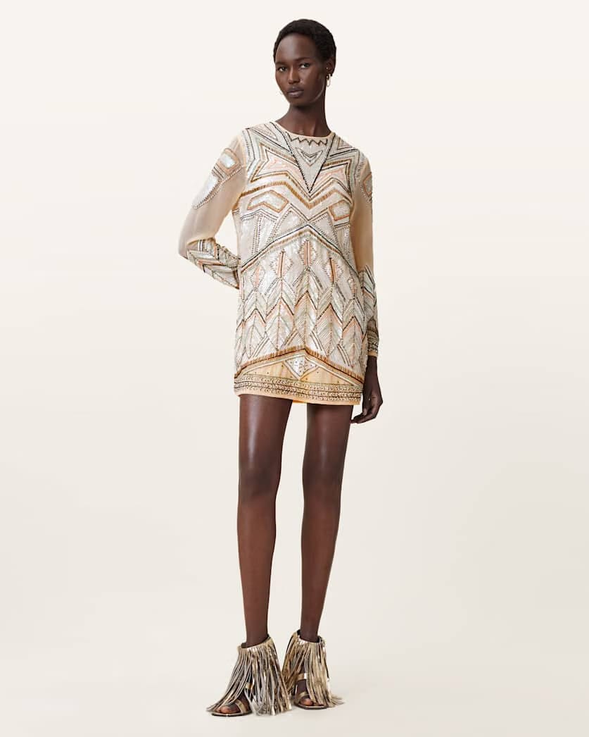 AllSaints Noushka Embellished Mini Dress Women's Ecru White Women's