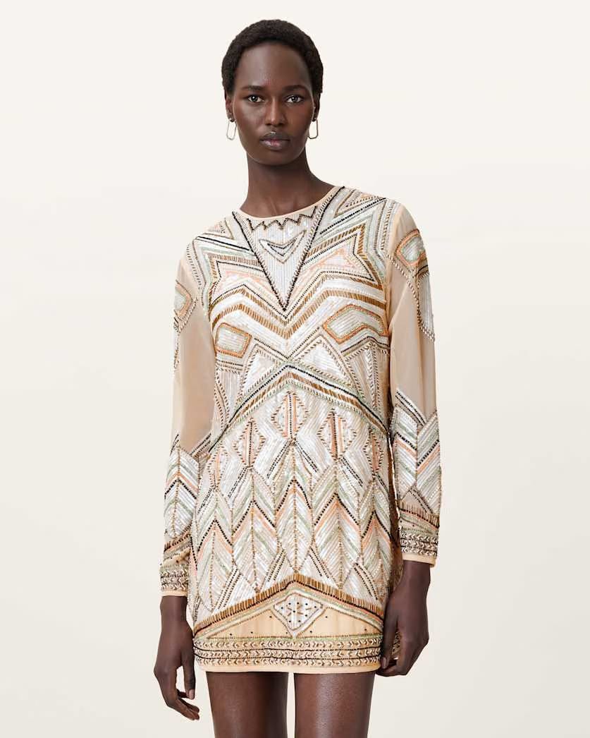 AllSaints Noushka Embellished Mini Dress Women's Ecru White Women's