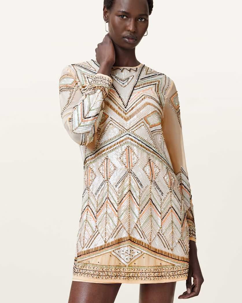 AllSaints Noushka Embellished Mini Dress Women's Ecru White Women's