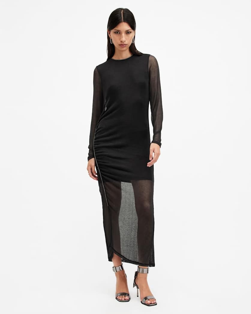 AllSaints Nora Ruched Sparkle Midi Dress Women's Black Shimmer Women's