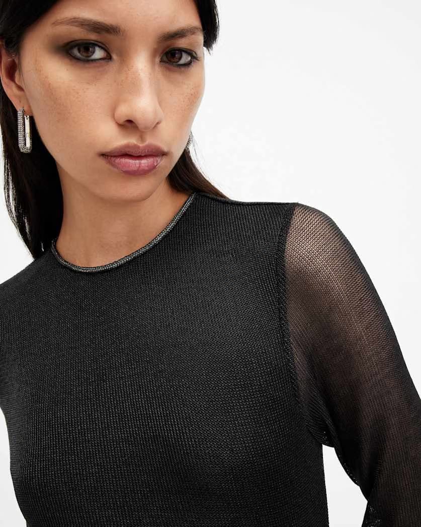 AllSaints Nora Ruched Sparkle Midi Dress Women's Black Shimmer Women's