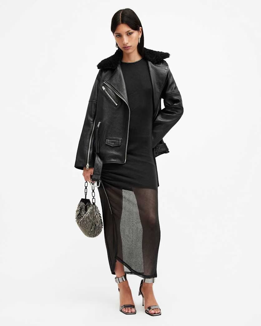 AllSaints Nora Ruched Sparkle Midi Dress Women's Black Shimmer Women's