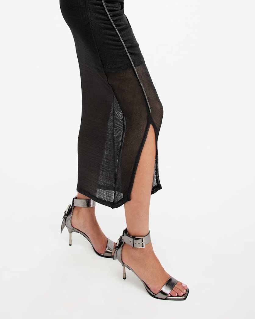 AllSaints Nora Ruched Sparkle Midi Dress Women's Black Shimmer Women's