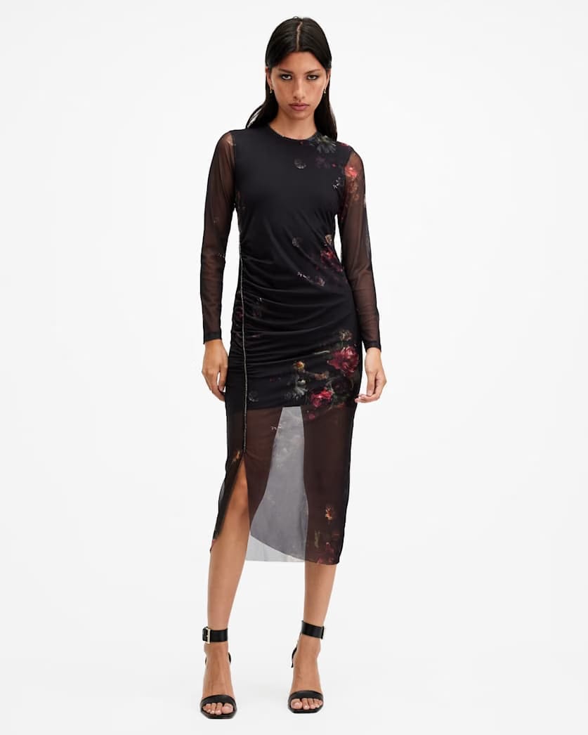 AllSaints Nora Ruched Sparkle Midi Dress Women's Mortem Black Women's