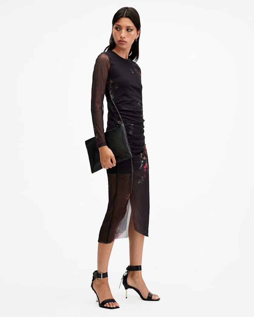 AllSaints Nora Ruched Sparkle Midi Dress Women's Mortem Black Women's