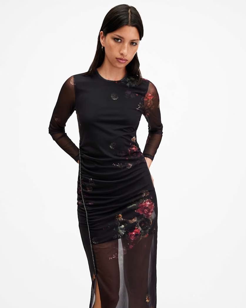 AllSaints Nora Ruched Sparkle Midi Dress Women's Mortem Black Women's