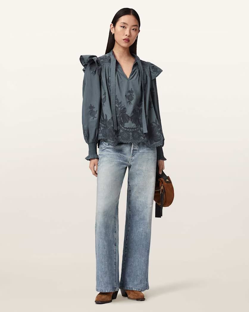 AllSaints Nisa Embroidered Cotton Top Women's Steel Blue Women's